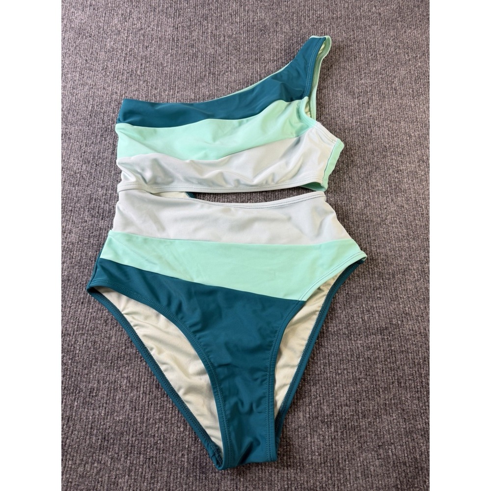 Women's One Shoulder Monokini One Piece Swimsuit‎ Size M Blue Green Cutout